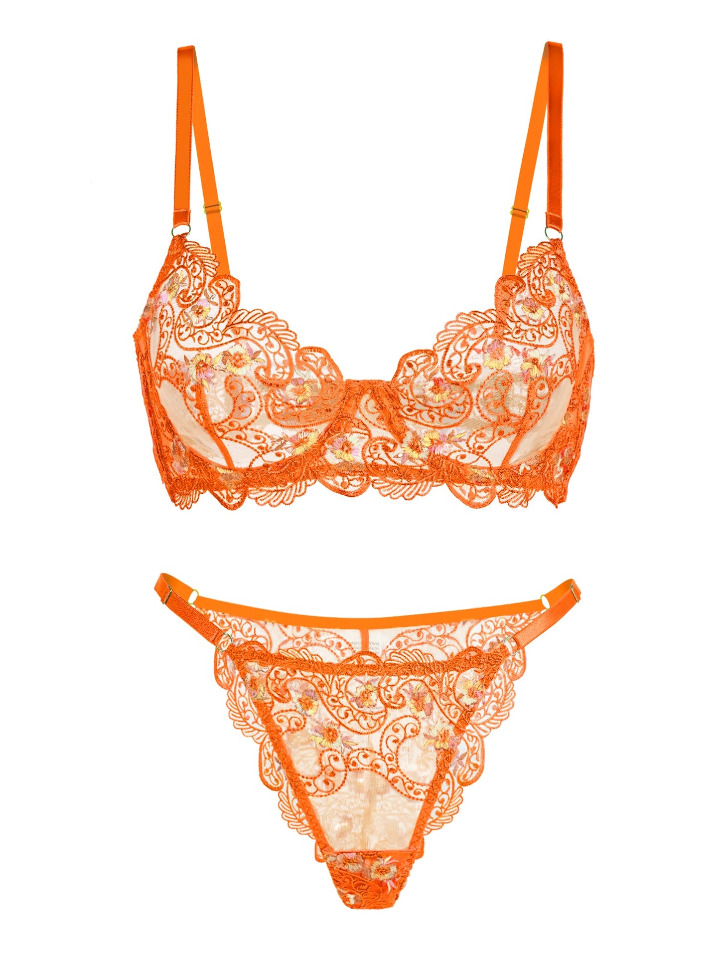 Orange Floral Embroidery Lingerie Set.