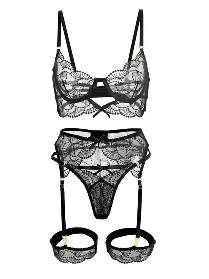 Ultra-Thin Sheer Black Embroidery Lingerie Set.