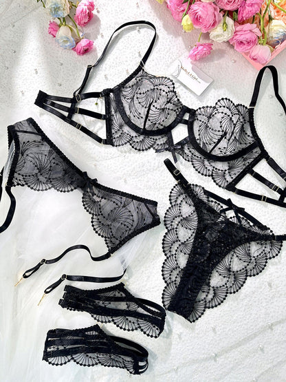 Ultra-Thin Sheer Black Embroidery Lingerie Set.