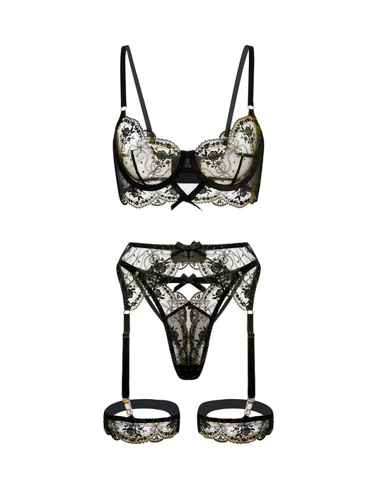 Sheer Black &Golden Embroidery Lingerie Set.