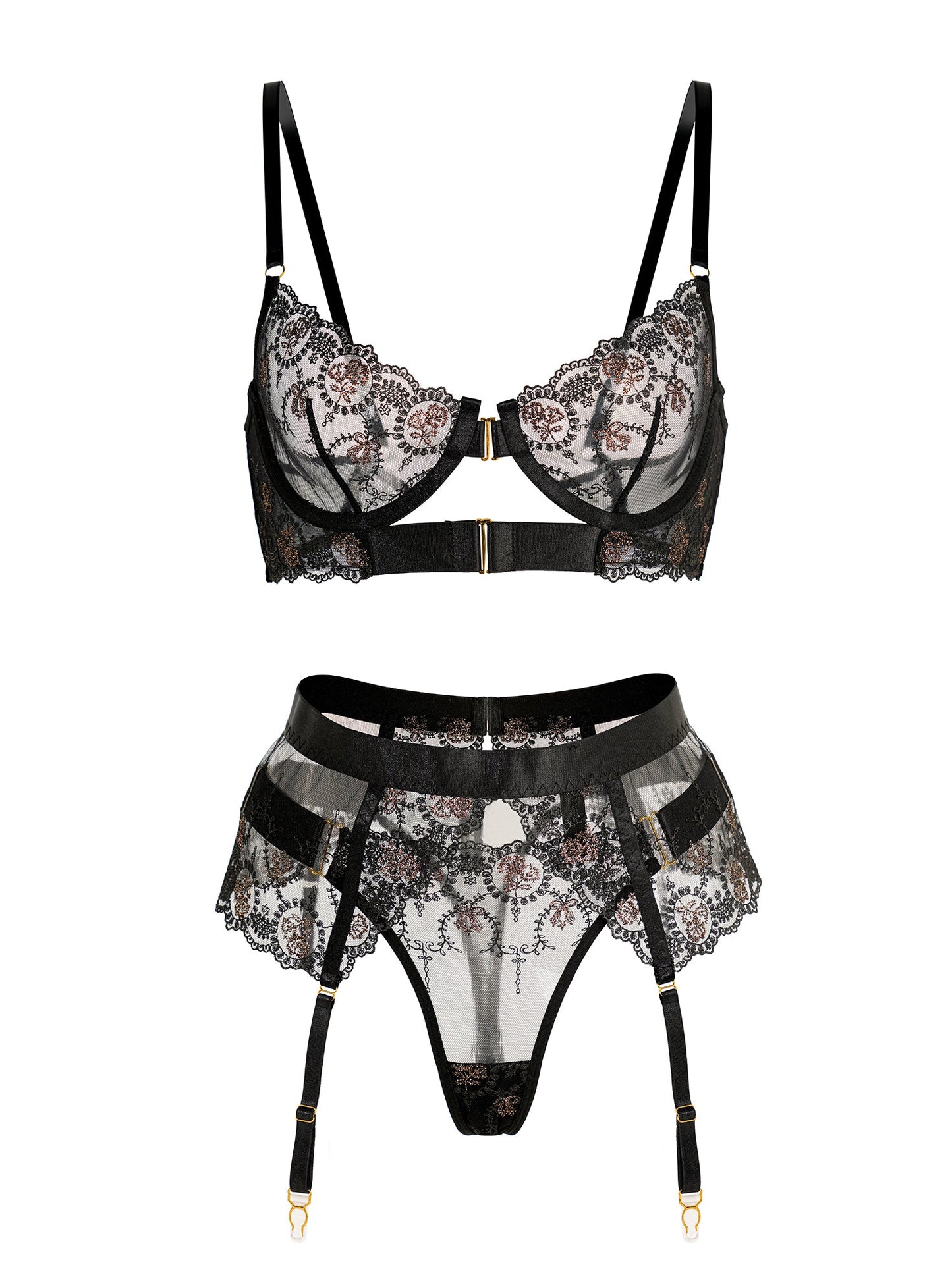 Sheer Black&Champagne Embroidered Lace Lingerie Set.