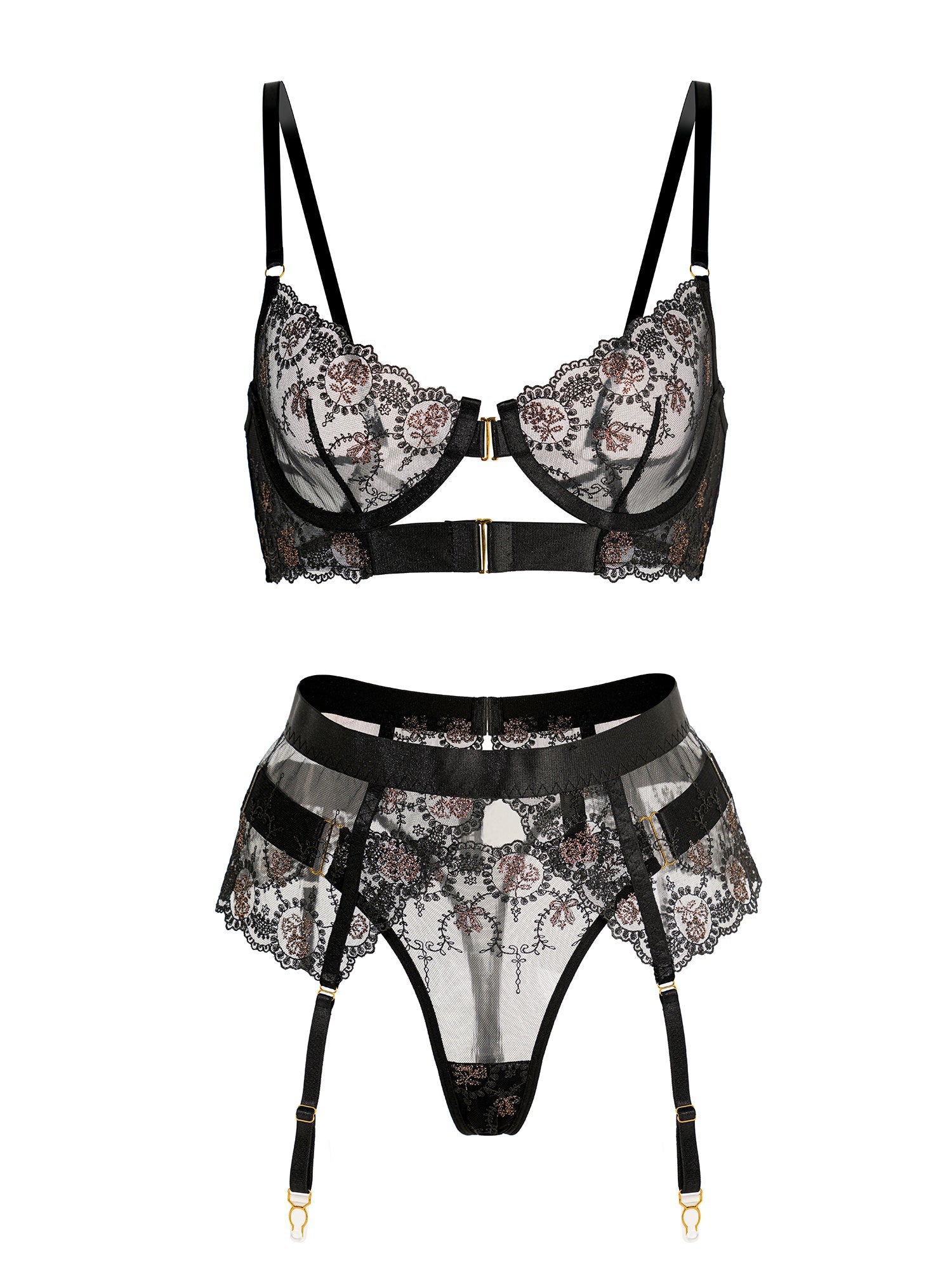 Sheer Black&Champagne Embroidered Lace Lingerie Set.