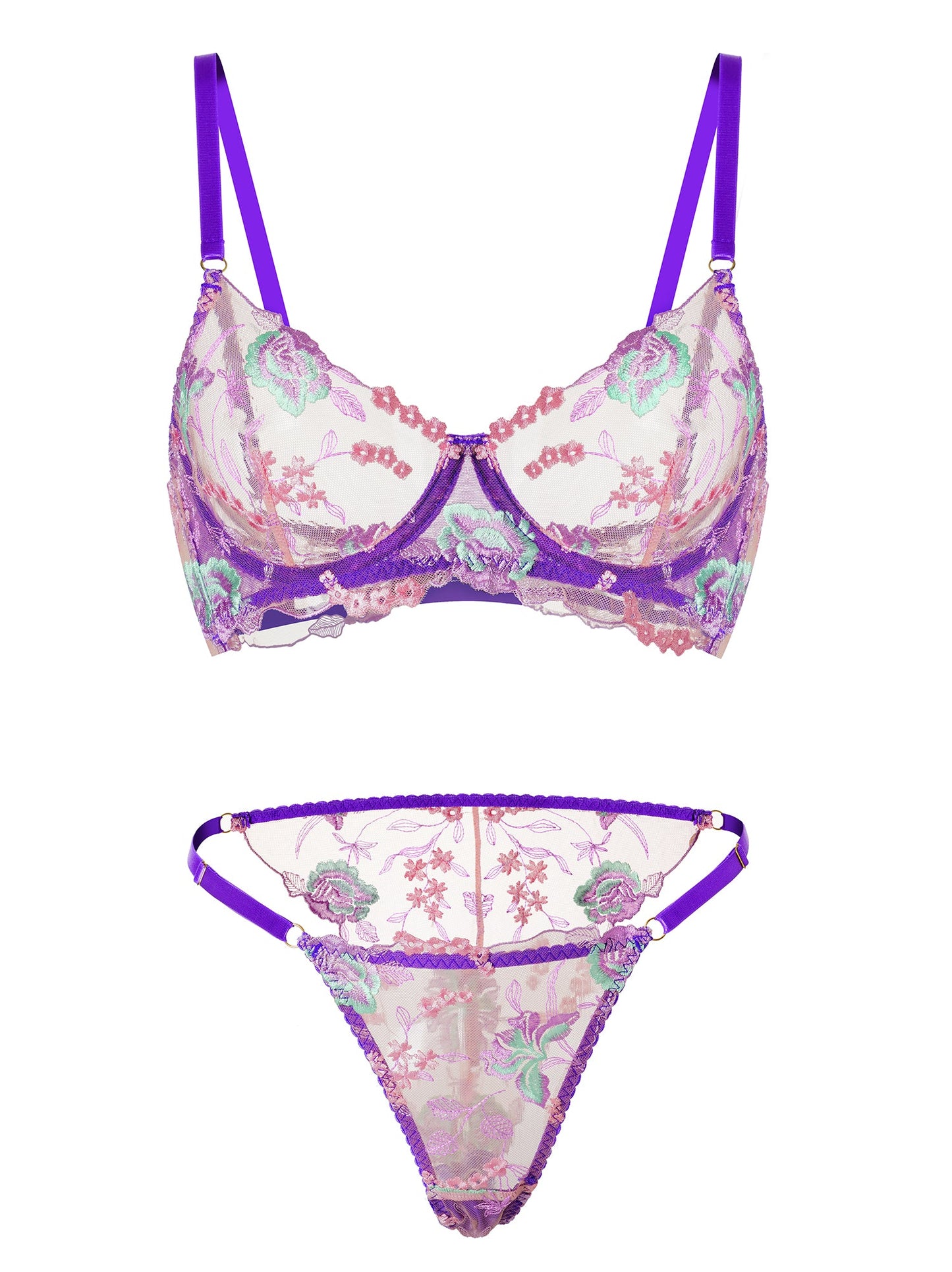 Purple Petal Embroidered Lingerie Set.