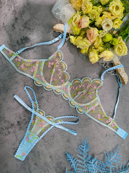 Light Blue Floral Lace Lingerie Set