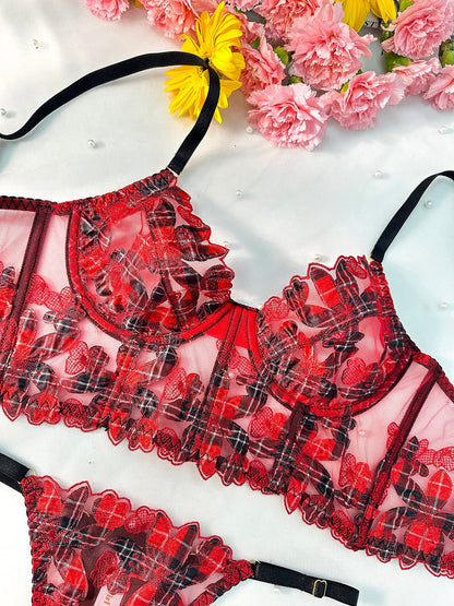Red Tartan Flower Lingerie Set