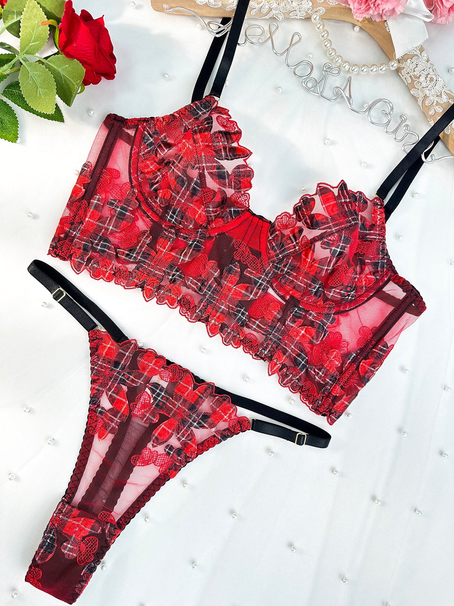 Red Tartan Flower Lingerie Set