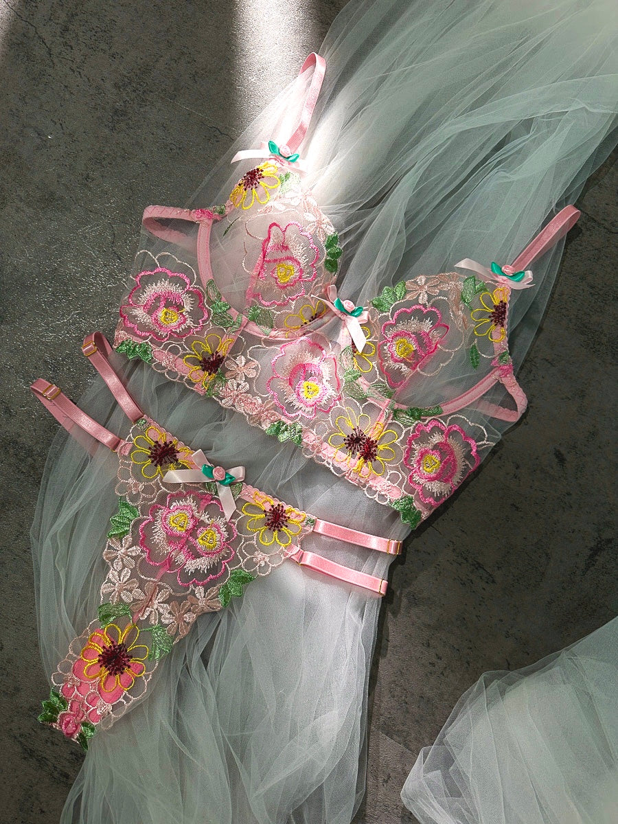 Pink Floral Embroidery  Lingerie Set