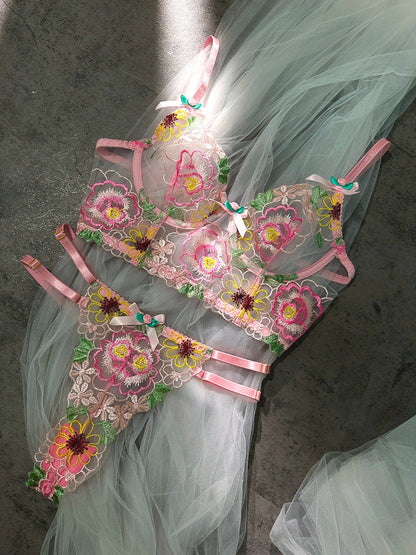 Pink Floral Embroidery  Lingerie Set