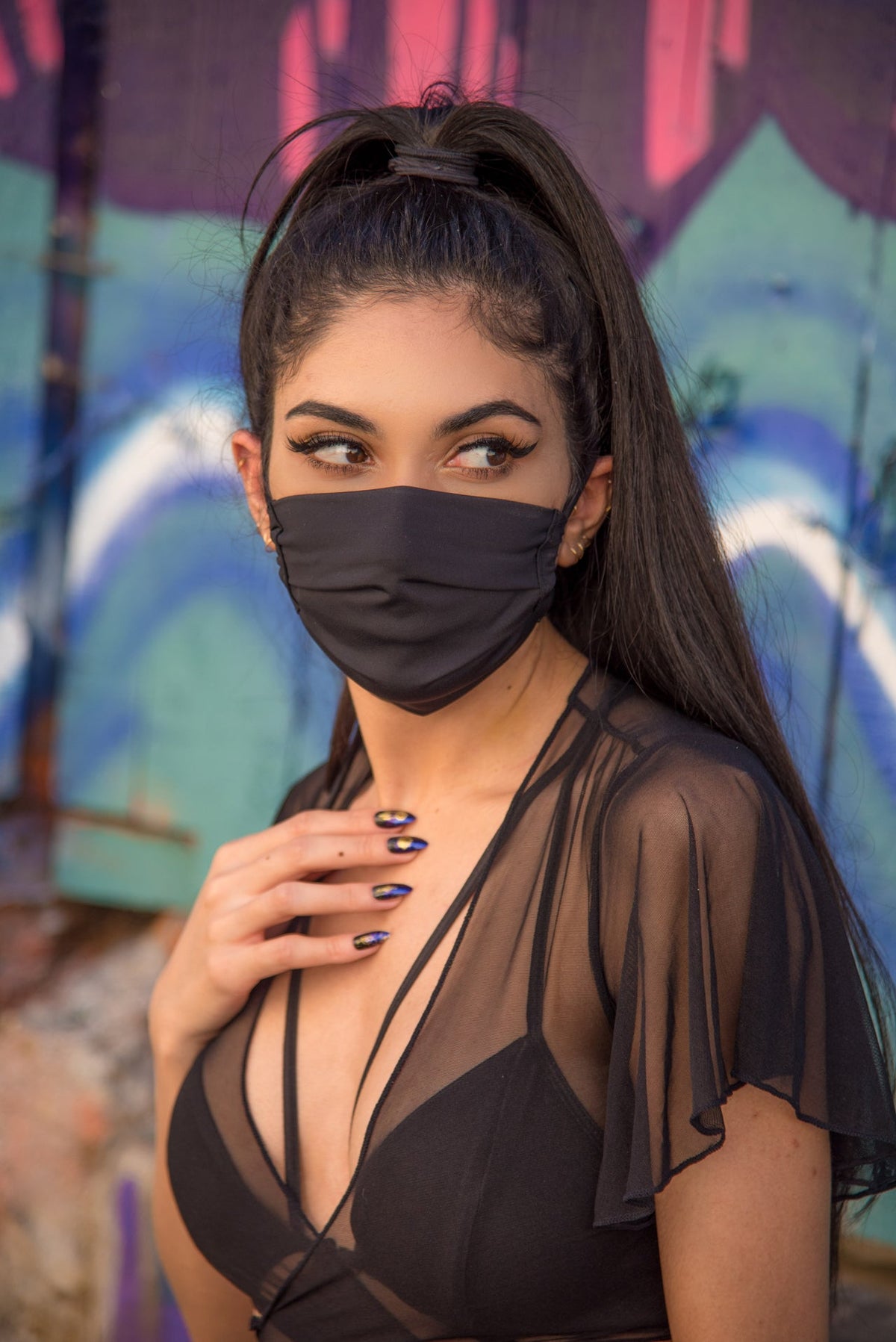 Black Stretch Pleated Face Mask- Festival Rave Accessory-J. Valentine
