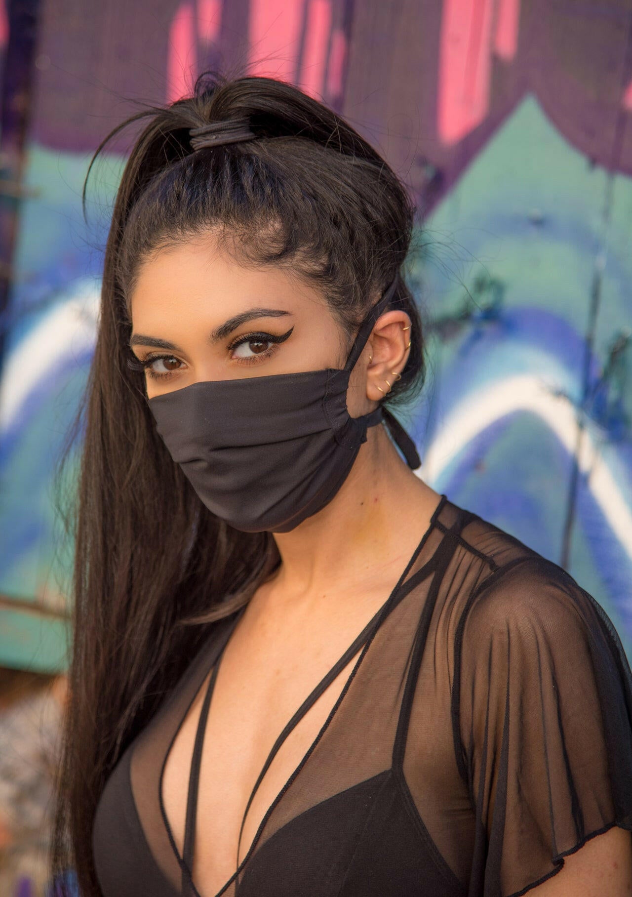 J. Valentine Black Stretch Pleated Face Mask- Festival Rave Accessory.