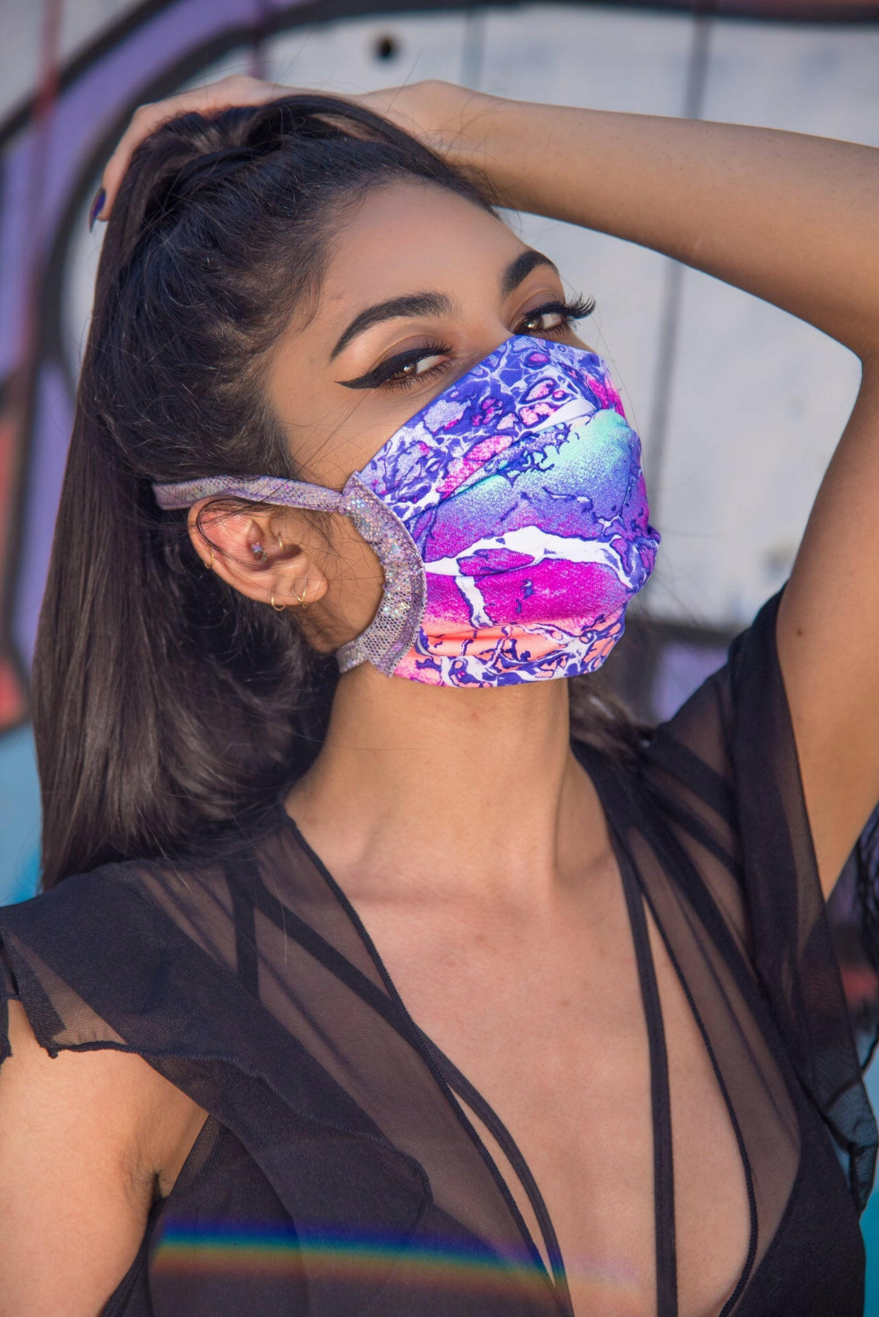 J. Valentine Electric Lavender Spandex Pleated Face Mask- Festival Rave Accessory.
