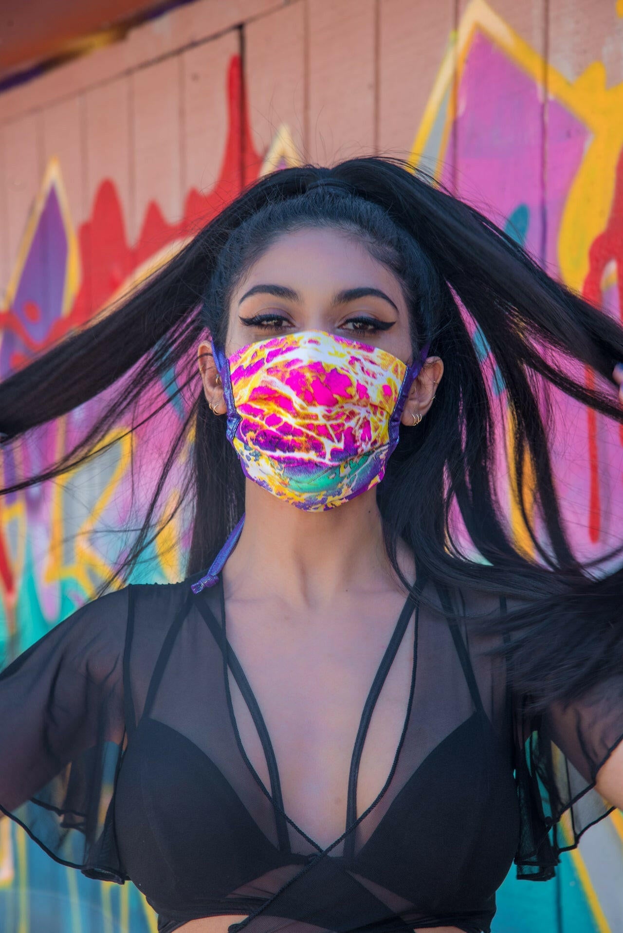 J. Valentine Electric Rainbow Spandex Pleated Face Mask- Festival Rave Accessory.