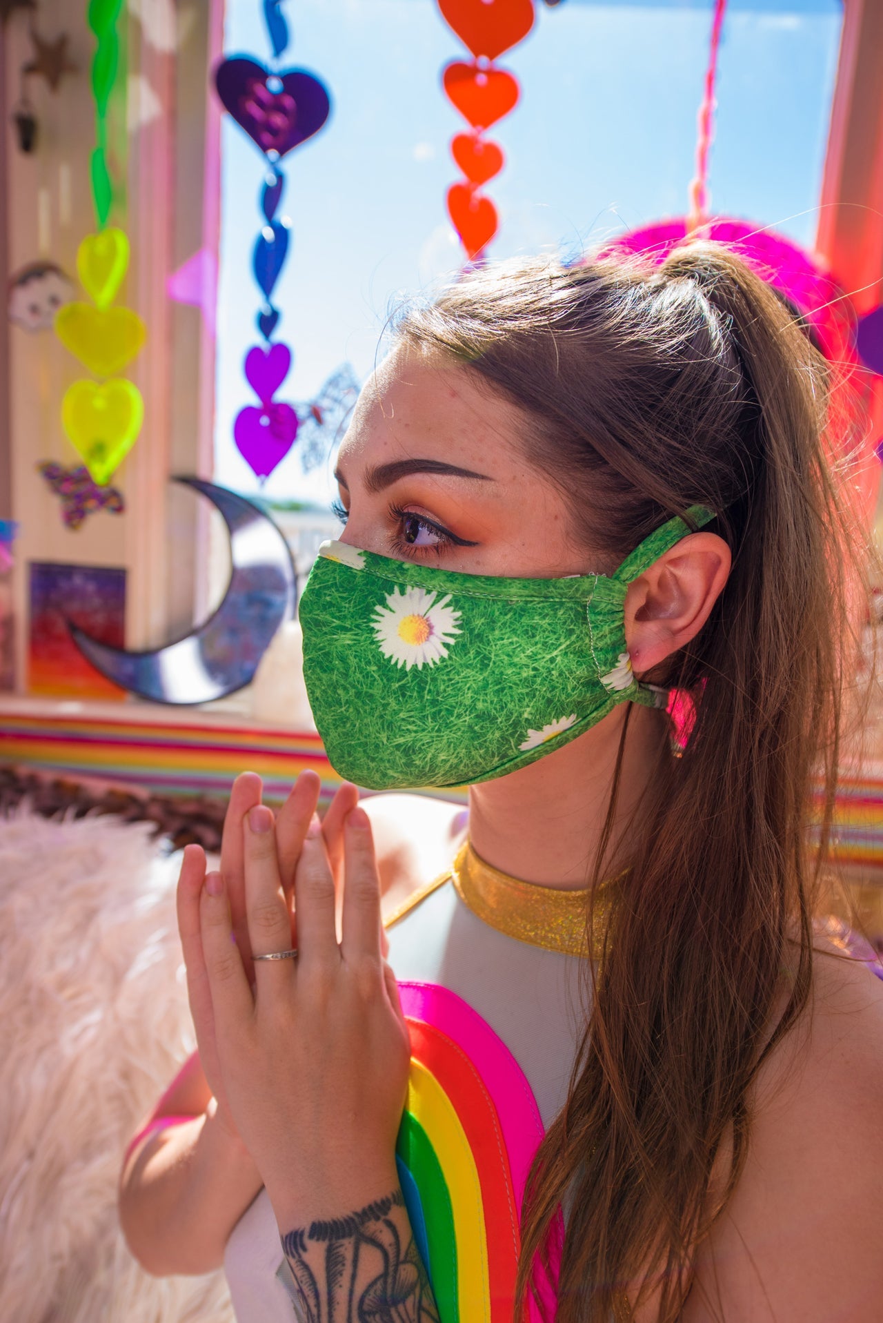 Daisies Tailored Face Mask- Festival Rave Accessory-J. Valentine