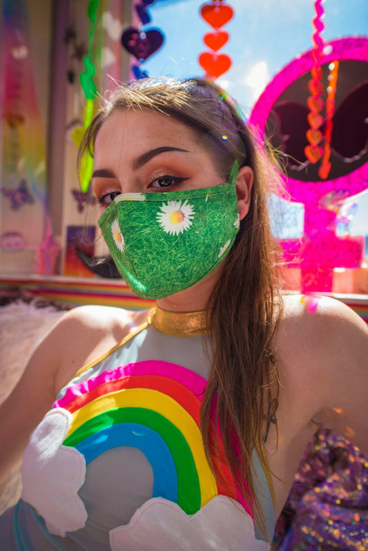 J. Valentine Daisies Tailored Face Mask- Festival Rave Accessory.