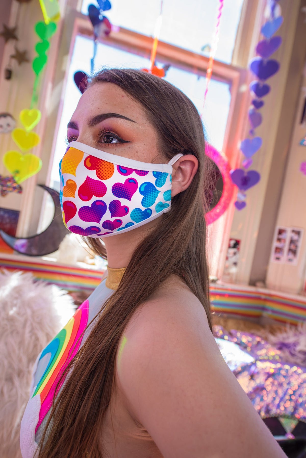 Rainbow Heart Tailored Face Mask- Festival Rave Accessory-J. Valentine