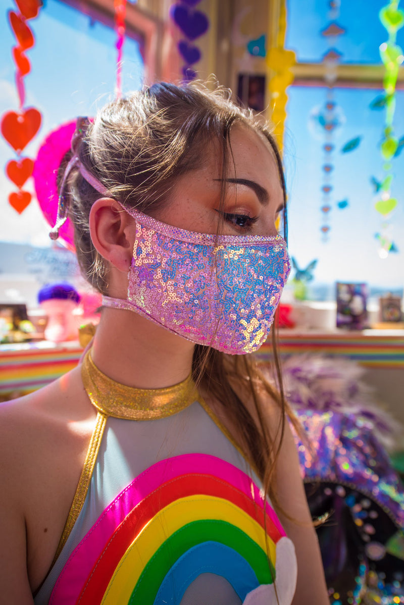 Pearly Pink Sequin Tailored Face Mask- Festival Rave Accessory-J. Valentine