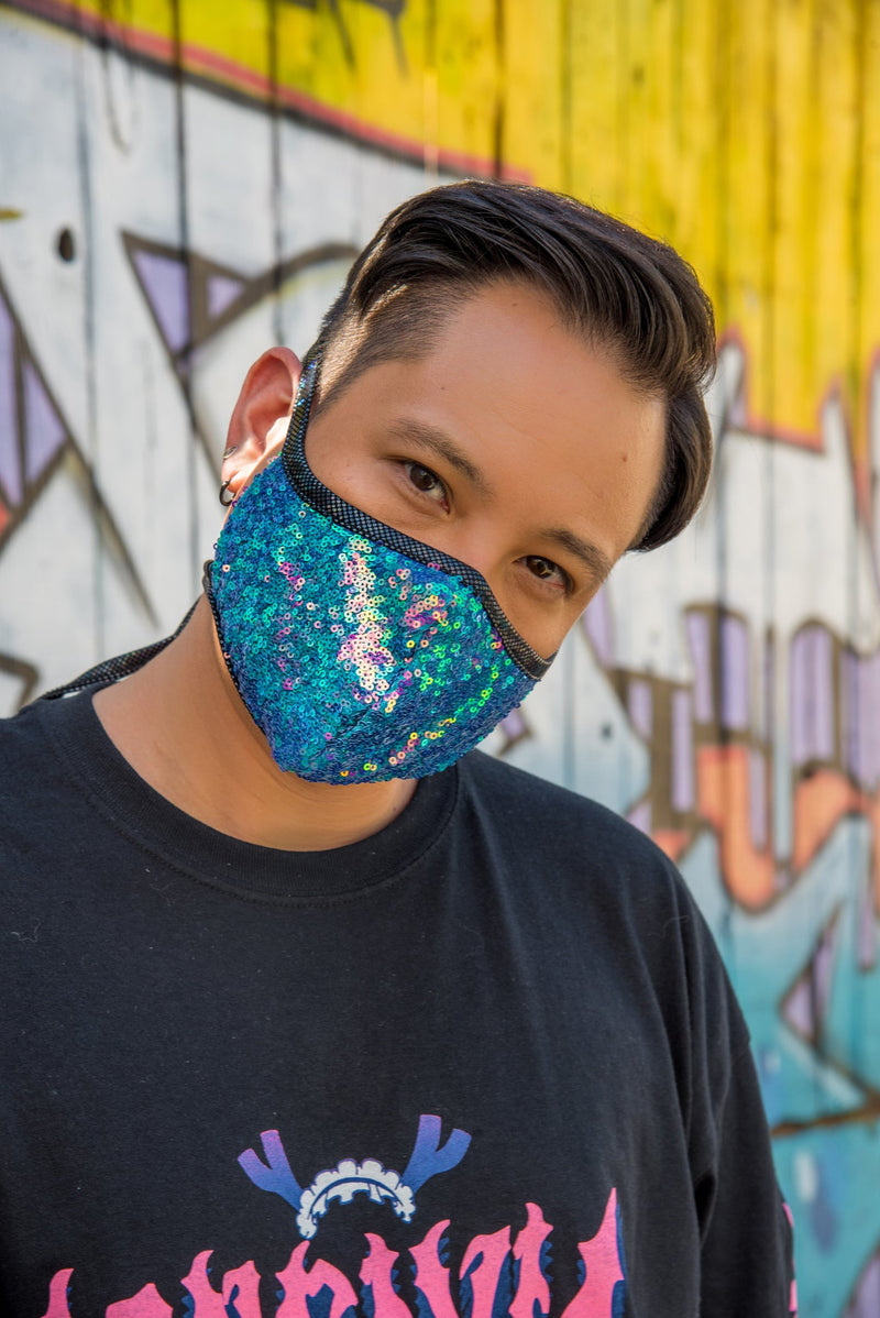 Water Opal Sequin Tailored Mens Face Mask- Festival Rave Accessory-J. Valentine