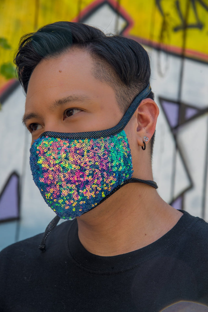 Water Opal Sequin Tailored Mens Face Mask- Festival Rave Accessory-J. Valentine