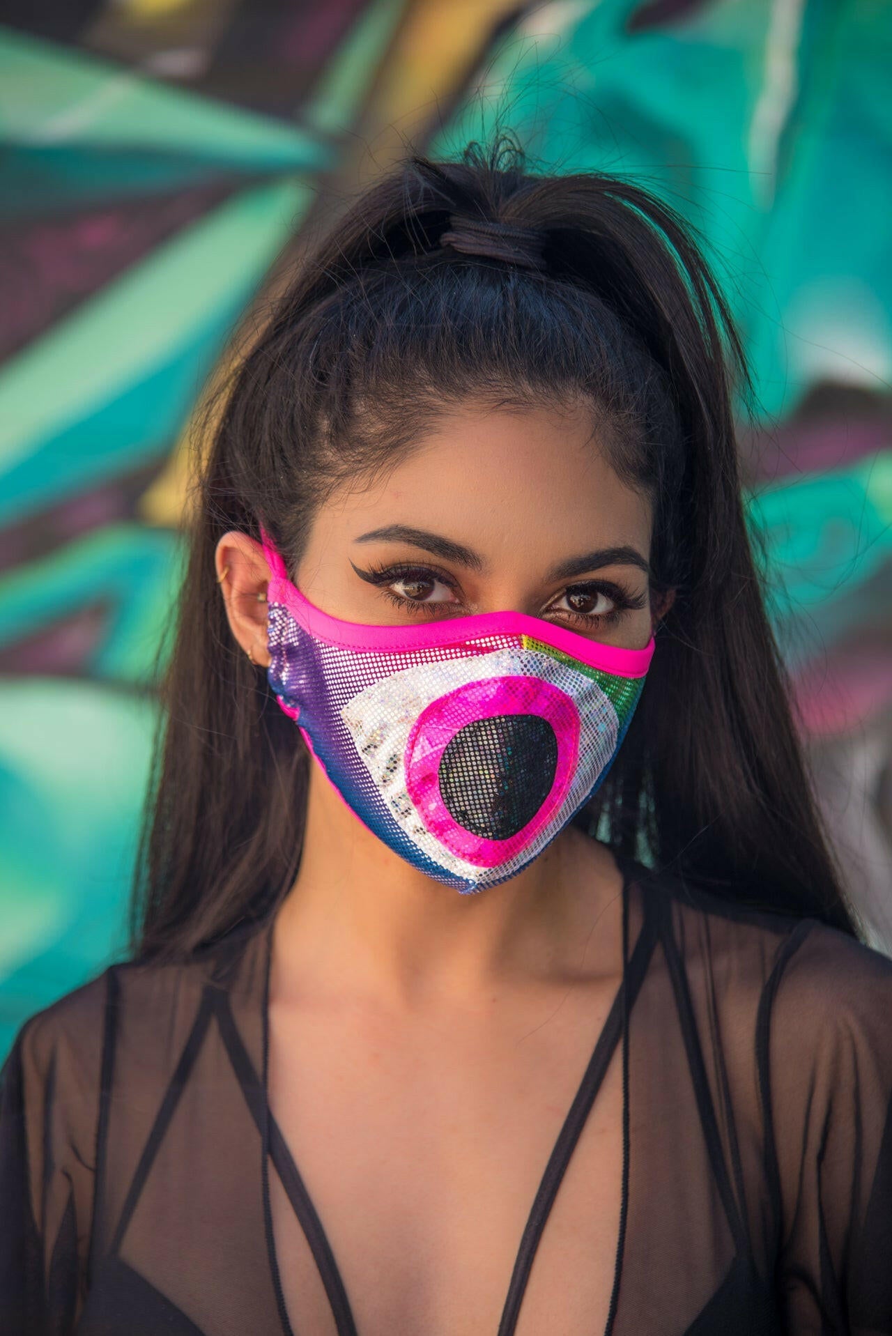 J. Valentine Rainbow/Hot Pink Tailored Face Mask- Festival Rave Accessory.