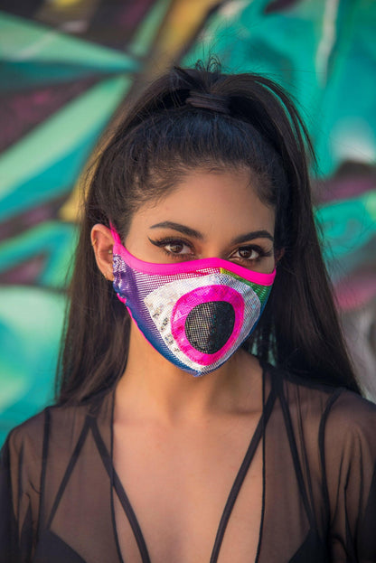 J. Valentine Rainbow/Hot Pink Tailored Face Mask- Festival Rave Accessory.