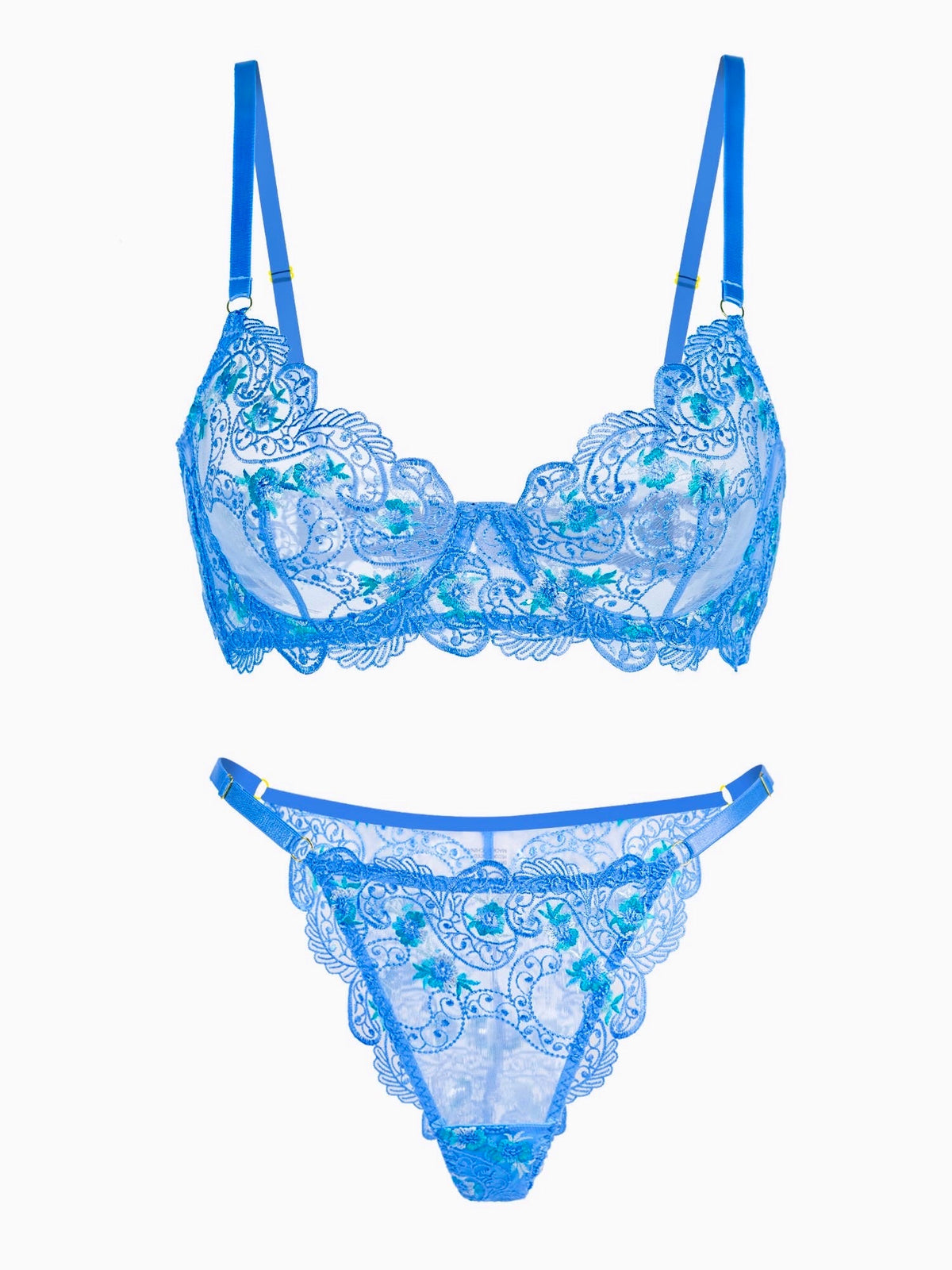 Blue Floral Embroidery Lingerie Set