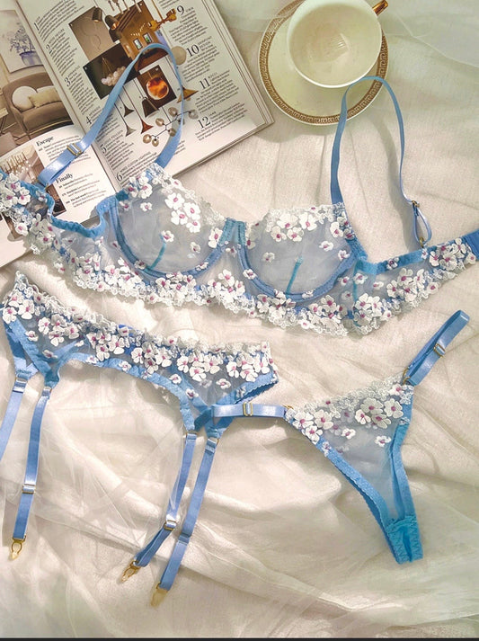 Blue Cherry Blossoms Sheer Lace Lingerie Set