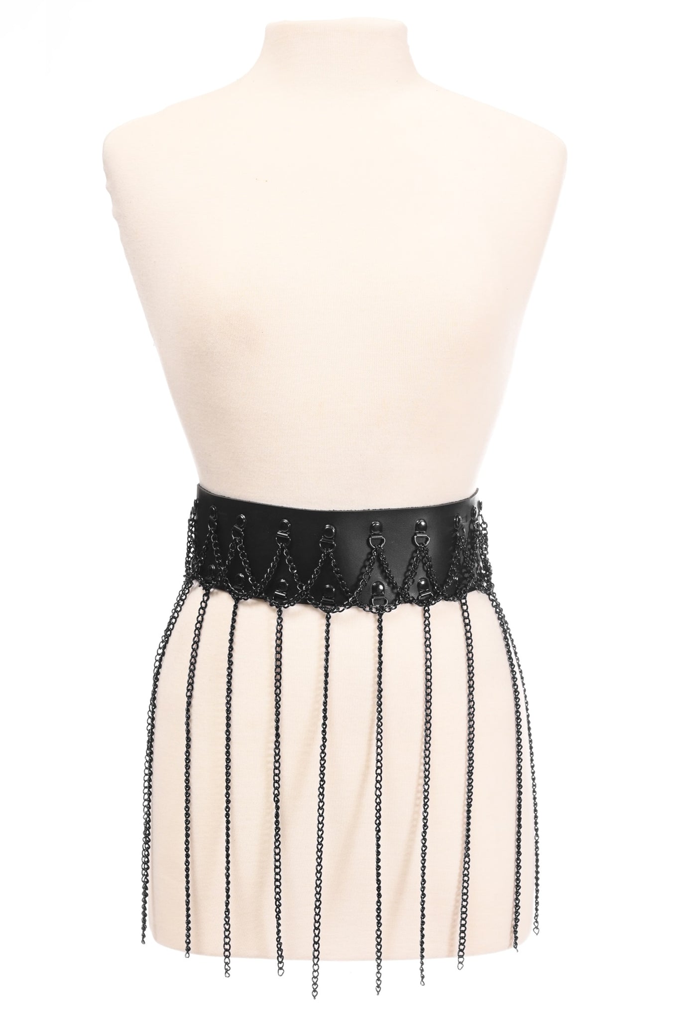 Black Faux Leather & Black Metallic Chain Fringe Skirt.