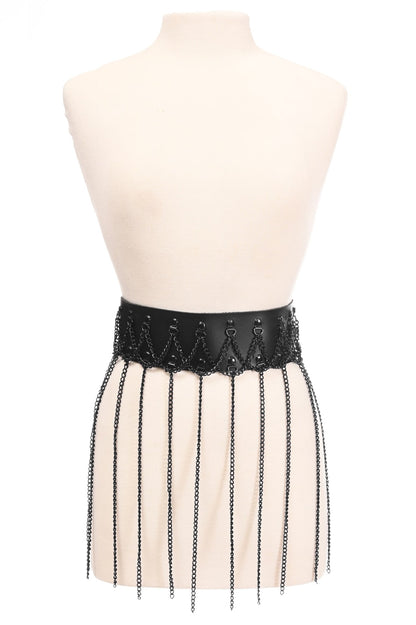 Black Faux Leather & Black Metallic Chain Fringe Skirt.