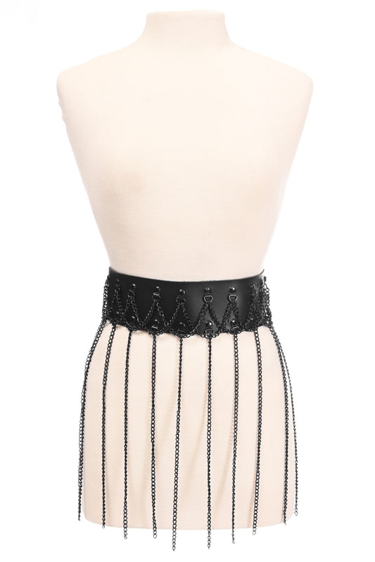 Black Faux Leather & Black Metallic Chain Fringe Skirt.