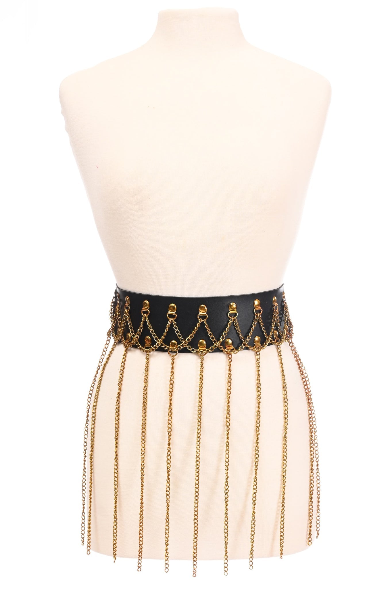Black Faux Leather & Gold Metallic Chain Fringe Skirt.