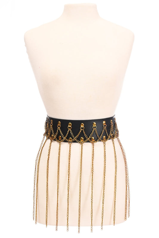 Black Faux Leather & Gold Metallic Chain Fringe Skirt.