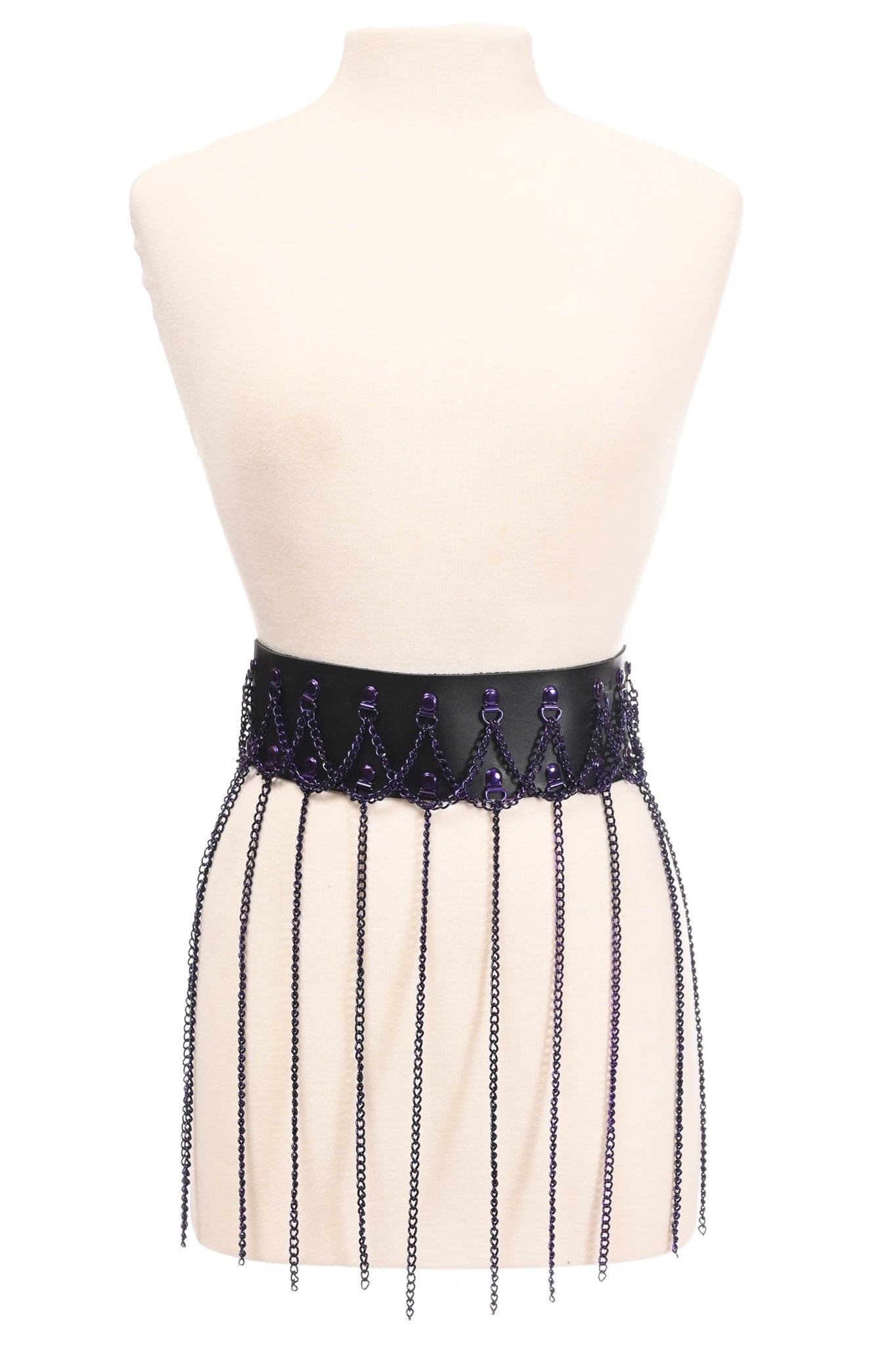 Black Faux Leather & Purple Metallic Chain Fringe Skirt.