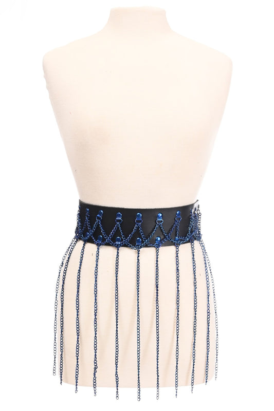Black Faux Leather & Blue Metallic Chain Fringe Skirt.