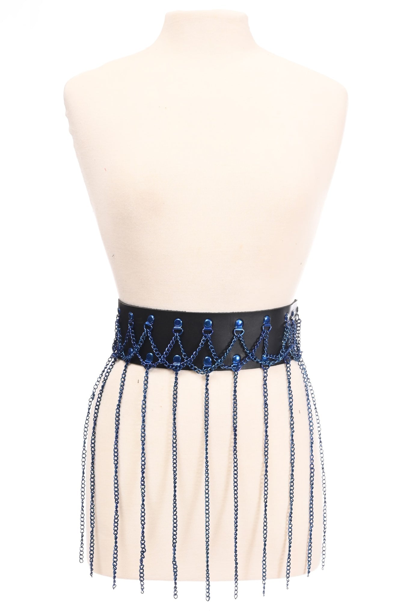 Black Faux Leather & Blue Metallic Chain Fringe Skirt.