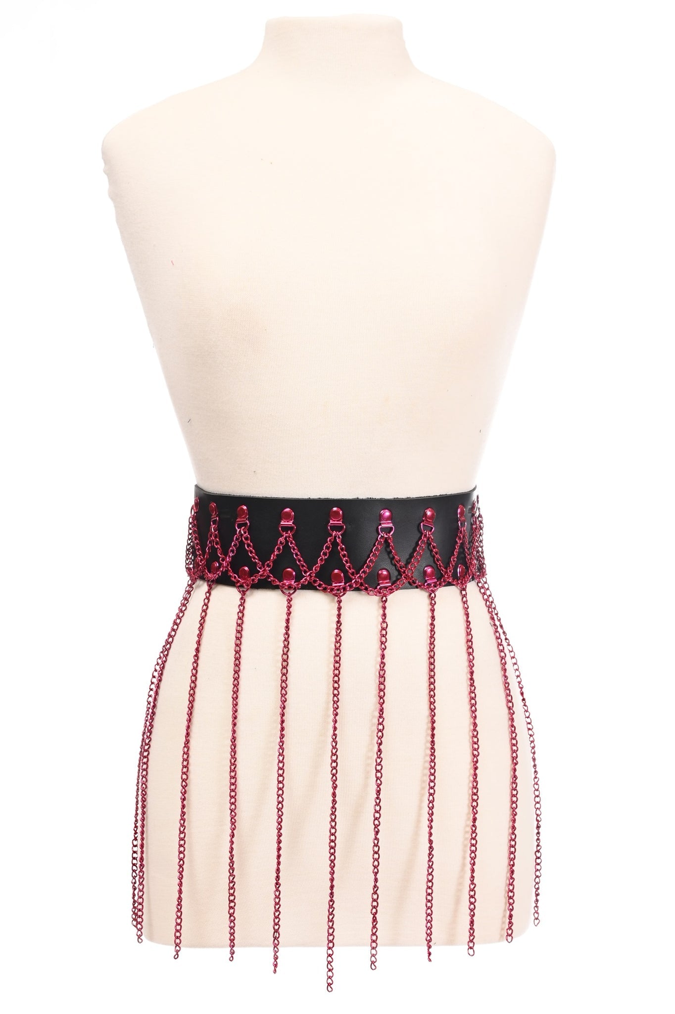 Black Faux Leather & Pink Metallic Chain Fringe Skirt.
