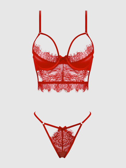 MILA EYELASH LACE STRAPPY LONGLINE BRA & TANGA SET
