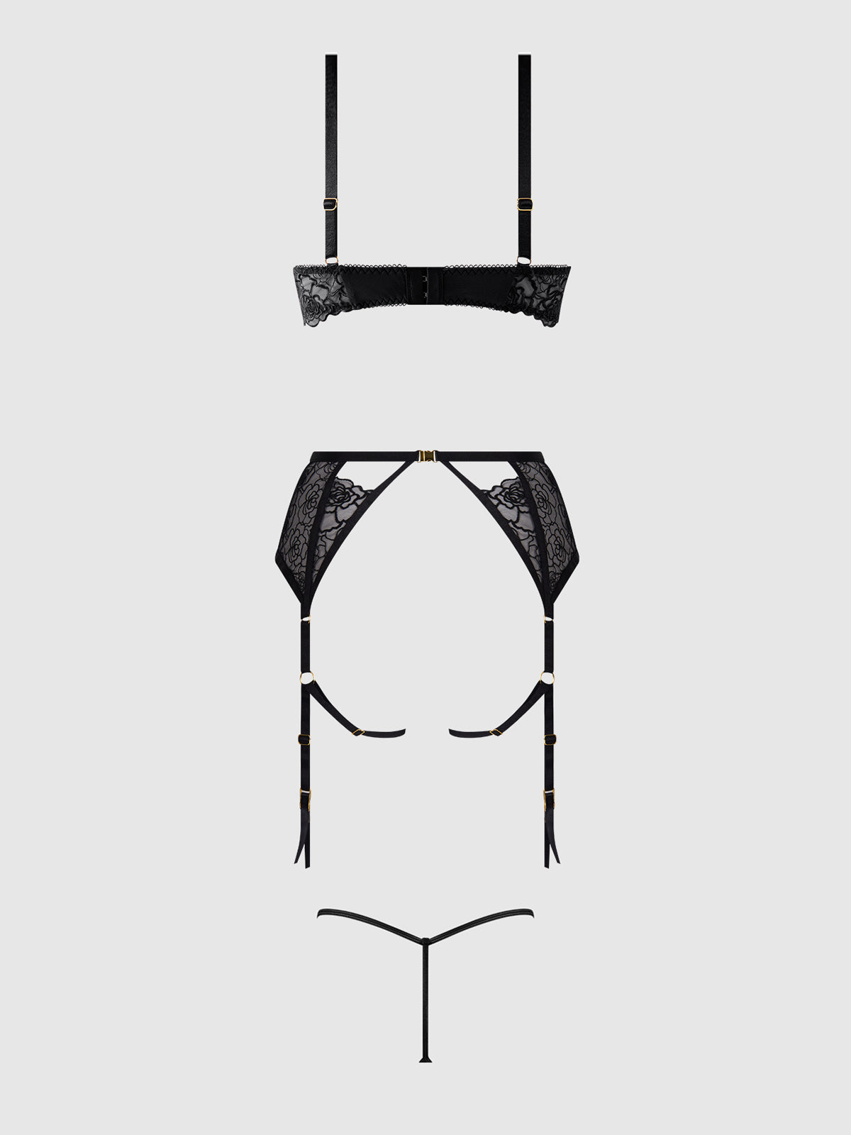 ROSALIE EMBROIDERED LACE OPEN-CUP BRA, GARTER & G-STRING SET