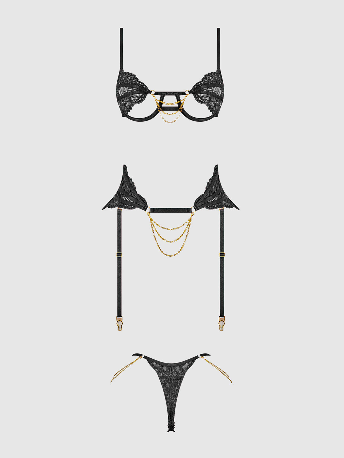 CECILY LACE & CHAIN BRA, GARTER & G-STRING SET
