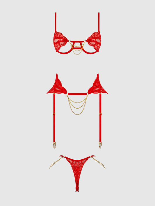 Cecily Lace & Chain Bra, Garter & G-string Set