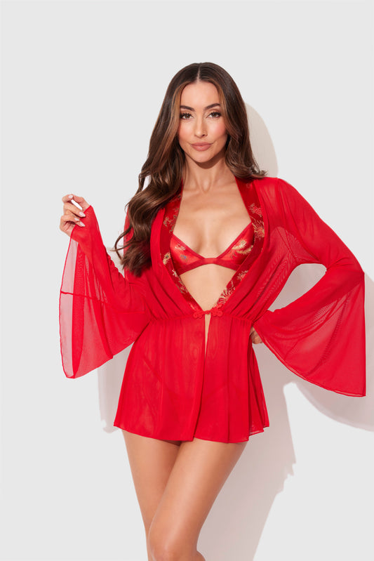 Dragon Sheer Robe With Satin Bra & G-string Set