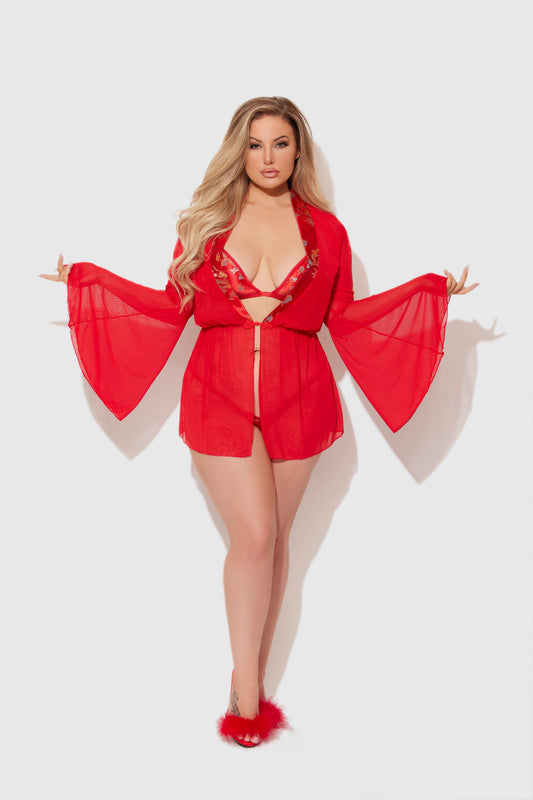 Dragon Sheer Robe With Satin Bra & G-string Set