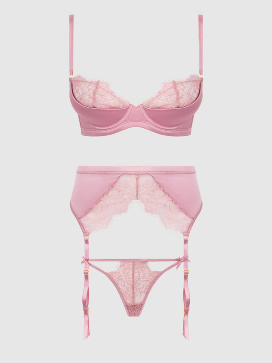 Blair Satin & Lace Bra, Garter & G-string Set