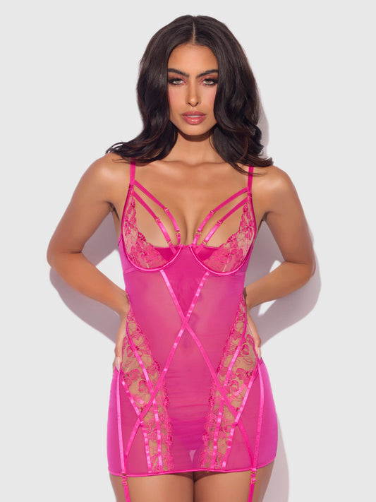 Nova Blacklight Lace Chemise & Thong Set