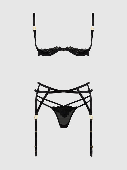 Ashley Alexiss Lace Open Cup Bra, G-string & Garter Set