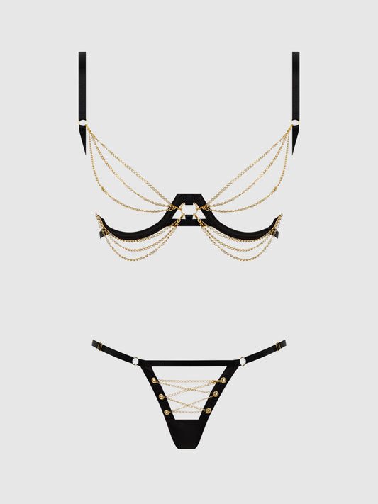 Eve Satin & Chain Open Cup Bra & G-string Set