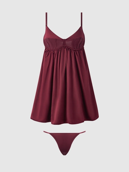 BRIGETA SATIN & MESH CORSETTED BABYDOLL & G-STRING SET