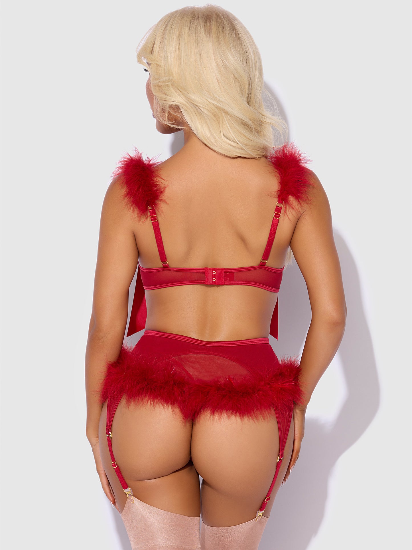 MARILYN MARABOU & MESH OPENABLE BRA, GARTER, & G-STRING SET