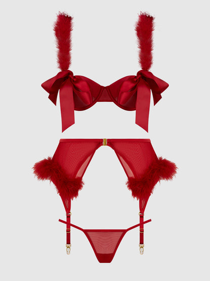 MARILYN MARABOU & MESH OPENABLE BRA, GARTER, & G-STRING SET