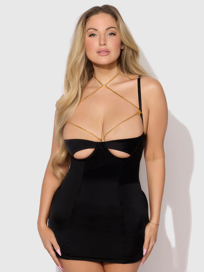 EVANGELINE SATIN & CHAIN CUTOUT CUP & OPEN BACK CHEMISE SET
