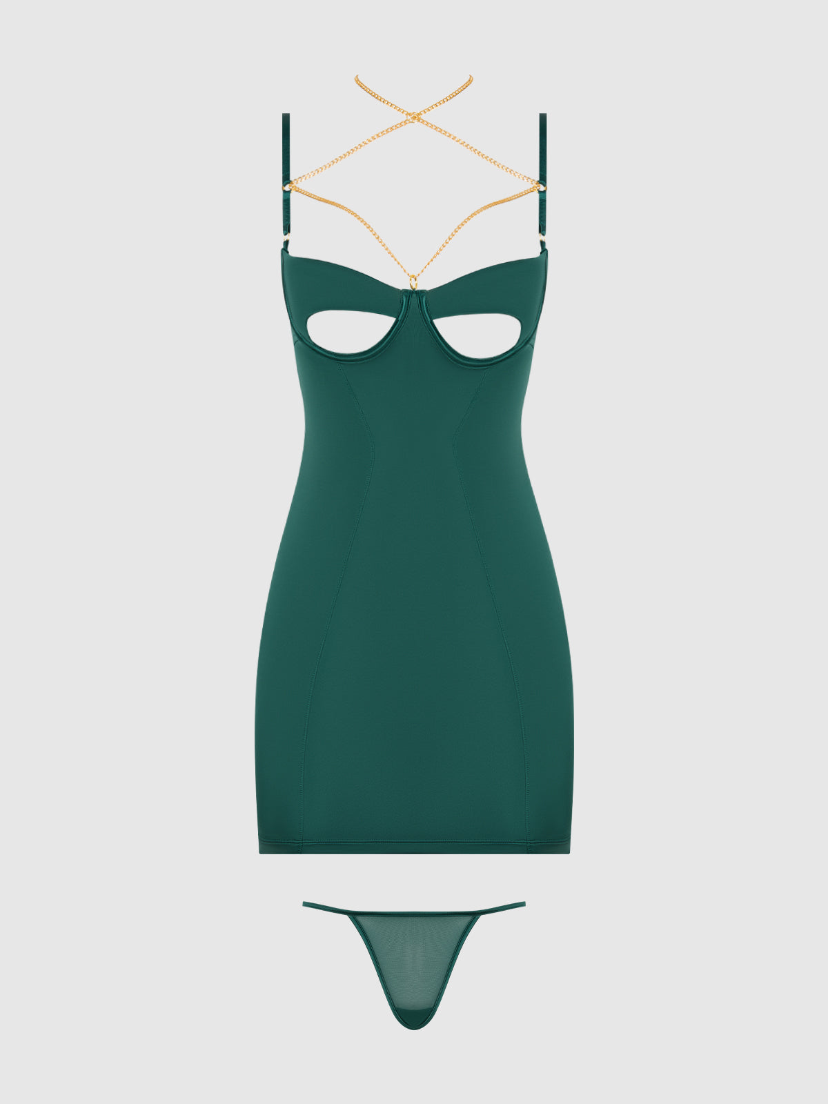 EVANGELINE SATIN & CHAIN CUTOUT CUP & OPEN BACK CHEMISE SET